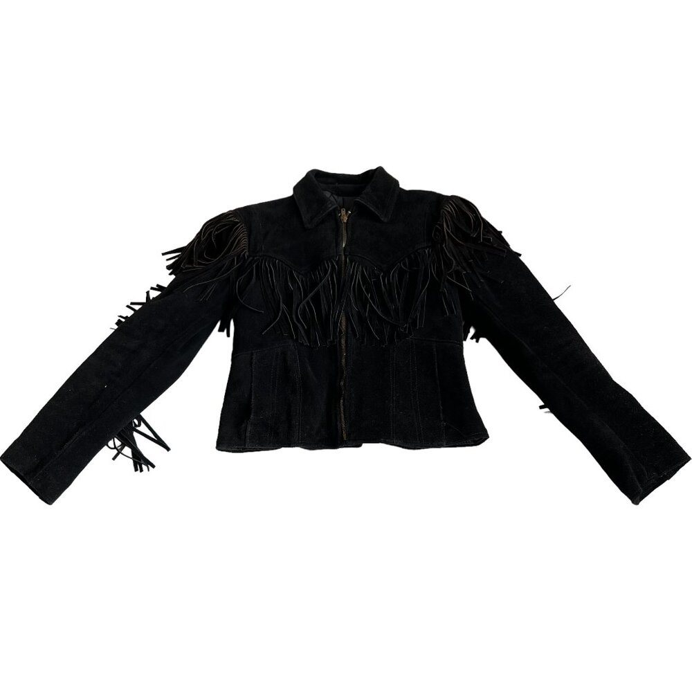 Branded Garments motorcycle jacket black suede fringe size 6 vintage moto biker